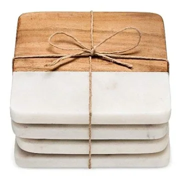 Frescorr (TM) - Luxurious Atelier Marble and Wood Set of 4 Coasters, 4 x 4 inches for Drinks, Hot/Co...