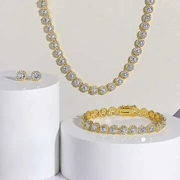 18K Yellow Gold Plated Cubic Zirconia Tennis Necklace Bracelet Stud Earrings Sets for Women and Men Halo Jewelry Pack of 3