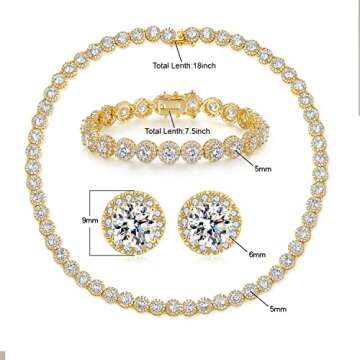 18K Yellow Gold Plated Cubic Zirconia Tennis Necklace Bracelet Stud Earrings Sets for Women and Men Halo Jewelry Pack of 3