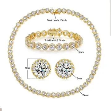 18K Yellow Gold Plated Cubic Zirconia Tennis Necklace Bracelet Stud Earrings Sets for Women and Men Halo Jewelry Pack of 3