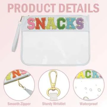 Siwara Snack Bags Clear Pouch Travel Makeup Bag Chenille Letter Bags for Zipper Pouch Clear Cosmetic Bag Clear Tote Bag Makeup Travel Bag for Women (White-Snacks)