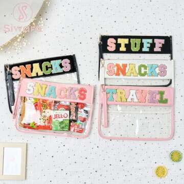 Siwara Snack Bags Clear Pouch Travel Makeup Bag Chenille Letter Bags for Zipper Pouch Clear Cosmetic Bag Clear Tote Bag Makeup Travel Bag for Women (White-Snacks)