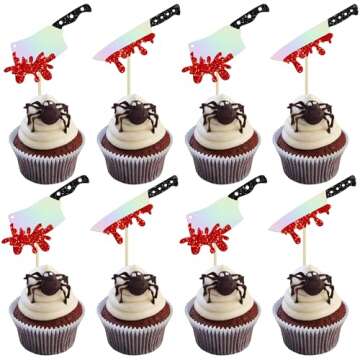 Gyufise 24Pcs Halloween Cupcake Toppers Glitter Horror Blood Knife Picks for Birthday Parties