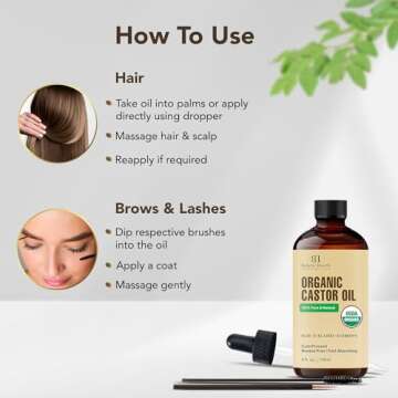 Botanic Hearth Castor Oil (4 fl oz) | USDA Certified Organic | 100% Pure & Hexane Free | Cold Pressed | Promotes Growth for Eyelashes, Eyebrows & Hair | Includes Eyebrow & Eyelash Brush