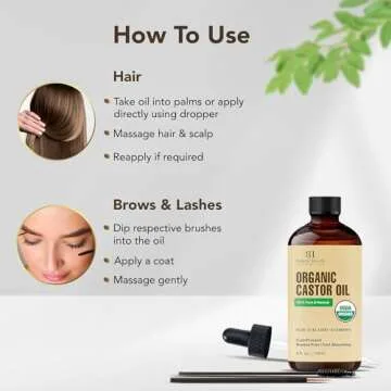 Botanic Hearth Castor Oil (4 fl oz) | USDA Certified Organic | 100% Pure & Hexane Free | Cold Pressed | Promotes Growth for Eyelashes, Eyebrows & Hair | Includes Eyebrow & Eyelash Brush