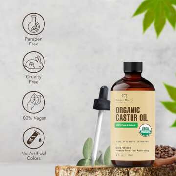 Botanic Hearth Castor Oil (4 fl oz) | USDA Certified Organic | 100% Pure & Hexane Free | Cold Pressed | Promotes Growth for Eyelashes, Eyebrows & Hair | Includes Eyebrow & Eyelash Brush