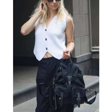 Athlisan Womens Casual Sleeveless Knit Vest Loose Button Down V Neck Stripe Fashion Tops(White-M)