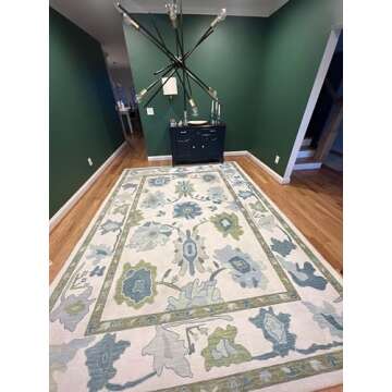 Green Oushak Rug, Modern, Vintage, Turkish, Eclectic, Floral, Pastel, Washable, Extra Large Area Rugs for Living Room, Dining, Bedroom, Lounge, 9'x12'