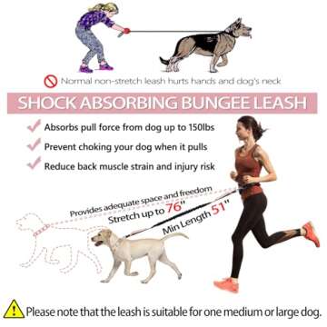 Hands Free Dog Leash Bungee Retractable Dog Running Waist Leash for Running Walking Jogging Training Hiking with Medium to Large Dogs, Adjustable Waist Belt Pouchouch, Reflective Stitches, Dual Handle