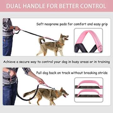 Hands Free Dog Leash Bungee Retractable Dog Running Waist Leash for Running Walking Jogging Training Hiking with Medium to Large Dogs, Adjustable Waist Belt Pouchouch, Reflective Stitches, Dual Handle