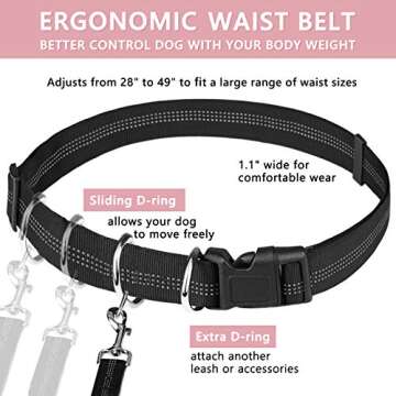 Hands Free Dog Leash Bungee Retractable Dog Running Waist Leash for Running Walking Jogging Training Hiking with Medium to Large Dogs, Adjustable Waist Belt Pouchouch, Reflective Stitches, Dual Handle