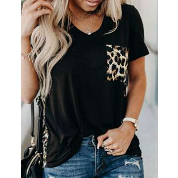 Blooming Jelly Women's Leopard Print Tops Casual Summer Loose V Neck Shirts Short Sleeve Blouses wit...