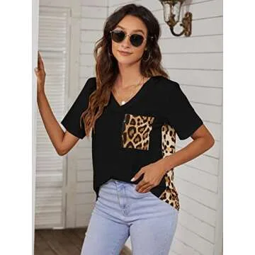 Blooming Jelly Women's Leopard Print Tops Casual Summer Loose V Neck Shirts Short Sleeve Blouses with Pocket (Medium, Black)
