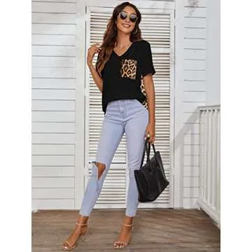 Blooming Jelly Women's Leopard Print Tops Casual Summer Loose V Neck Shirts Short Sleeve Blouses with Pocket (Medium, Black)