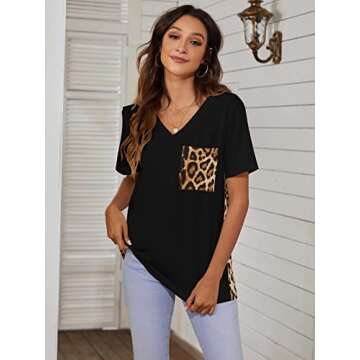 Blooming Jelly Women's Leopard Print Tops Casual Summer Loose V Neck Shirts Short Sleeve Blouses with Pocket (Medium, Black)