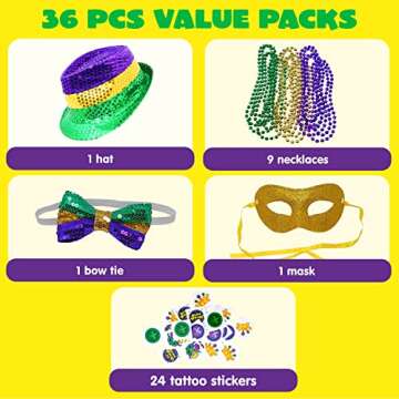 JOYIN Complete Mardi Gras Accessory Set - Beads, Hat, Mask & Bow Tie - 24 Tattoos