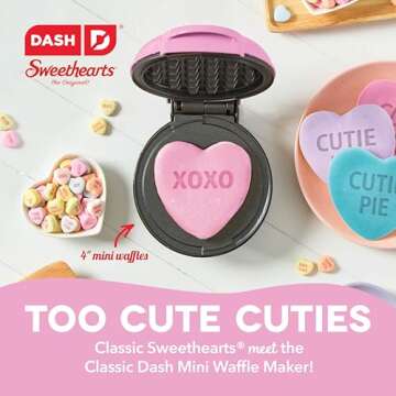 DASH x Sweethearts® Mini Waffle Maker - 4” Waffle, Heart Shaped Waffle, Nonstick Waffle Iron with...