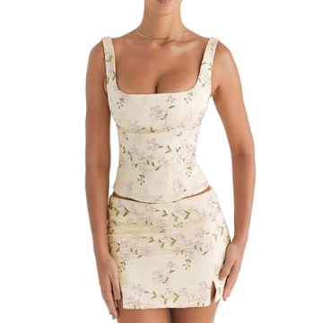 Women Vintage Print Two Piece Skirt Set Y2K Slim Fit Crop Camis Bodycon Mini Skirts Night Party Outf...