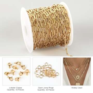 Kyutong 5M Gold Plated Necklace Chain for Jewelry Making 304 Stainless Steel Paperclip Chain Roll wi...