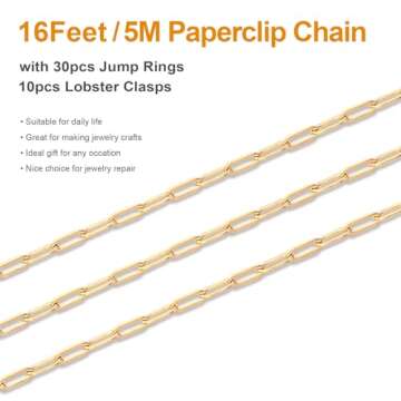 Kyutong 5M Gold Plated Necklace Chain for Jewelry Making 304 Stainless Steel Paperclip Chain Roll with Lobster Clasps and Jump Rings for Men Women Making Jewelry Craft Support Jewelry Findings