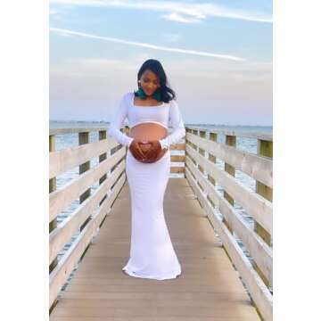 Bhome Maternity Photoshoot Dress Long Sleeve Sexy Cut-Out Backless Maternity Maxi Gown Photography Outfits White L