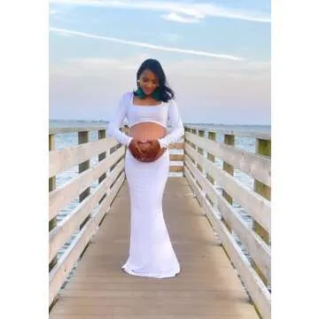 Bhome Maternity Photoshoot Dress Long Sleeve Sexy Cut-Out Backless Maternity Maxi Gown Photography Outfits White L