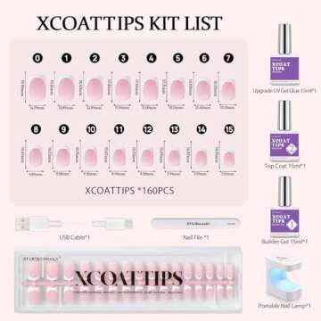 BTArtboxnails XCOATTIPS Gel Nail Kit - Short Squre French Tip Press on Nails Kit, Pink Soft Gel Nail Tips with Nail Gel, French Protecing Duo and Nail Lamp for Nail DIY