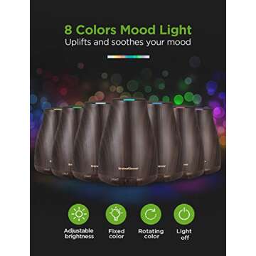 InnoGear Essential Oil Diffuser, Premium 5-in-1 Diffusers for Home Scent Aromatherapy Diffuser Air Desk Humidifier for Bedroom Large Room Office 7 Color LED 2 Mist Mode Waterless Auto Off, Brown
