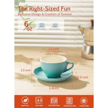 Sweese 6 Ounce Cappuccino Cups with Saucers, Porcelain Double Espresso Cups Set of 6 - Hot Assorted Colors