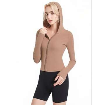 Abonlen Ribbed Hoodies for Women Lightweight Full Zip Up Jackets Long Sleeves Tops Fitted Cropped Sweatshirt(Light Brown,Small)