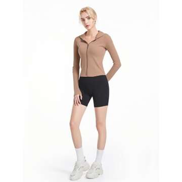 Abonlen Ribbed Hoodies for Women Lightweight Full Zip Up Jackets Long Sleeves Tops Fitted Cropped Sweatshirt(Light Brown,Small)