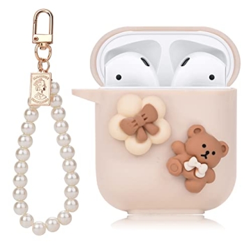Cute AirPod Case Cartoon Lovely Bear Design with Pearl Chain Soft Protective Cover Compatible with A...