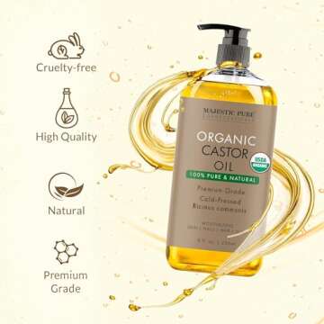Majestic Pure Organic Castor Oil | Hexane Free & 100% Pure | Cold Pressed | Stimulate Growth for Hair, Eyelashes, Eyebrows, Nails | Moisturizing & Nourishing | Body, Hair & Carrier Oil | 8 Fl Oz