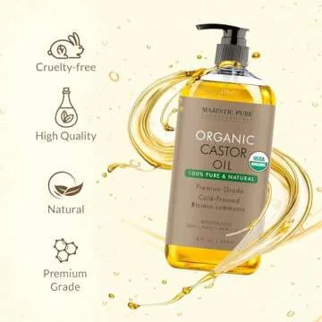 Majestic Pure Organic Castor Oil | Hexane Free & 100% Pure | Cold Pressed | Stimulate Growth for Hair, Eyelashes, Eyebrows, Nails | Moisturizing & Nourishing | Body, Hair & Carrier Oil | 8 Fl Oz