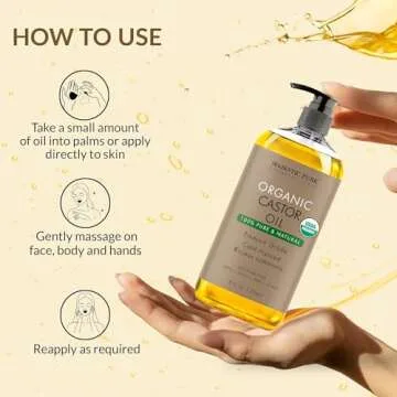 Majestic Pure Organic Castor Oil | Hexane Free & 100% Pure | Cold Pressed | Stimulate Growth for Hair, Eyelashes, Eyebrows, Nails | Moisturizing & Nourishing | Body, Hair & Carrier Oil | 8 Fl Oz