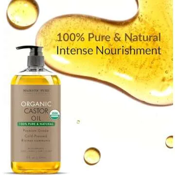 Majestic Pure Organic Castor Oil | Hexane Free & 100% Pure | Cold Pressed | Stimulate Growth for Hair, Eyelashes, Eyebrows, Nails | Moisturizing & Nourishing | Body, Hair & Carrier Oil | 8 Fl Oz