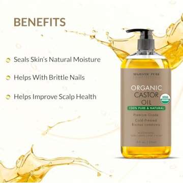 Majestic Pure Organic Castor Oil | Hexane Free & 100% Pure | Cold Pressed | Stimulate Growth for Hair, Eyelashes, Eyebrows, Nails | Moisturizing & Nourishing | Body, Hair & Carrier Oil | 8 Fl Oz