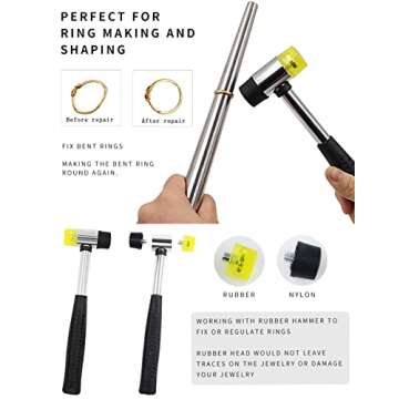 HEYMOUS Ring Sizer Mandrel Measuring Tool Steel Ring Sizing Gauge Sizers Set Rubber Jeweler's Mallet Hammer Metal Finger Size Stick Wire Wrap Rings Tools Jewelry Making Kit