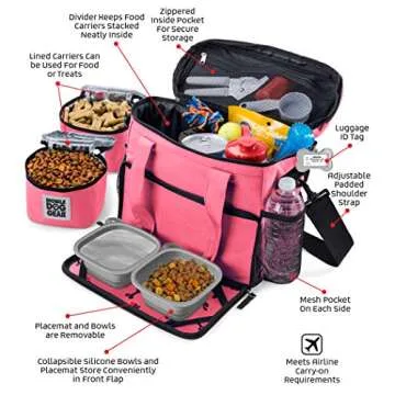 Mobile Dog Gear, Week Away Dog Travel Bag for Small Dogs, Includes Lined Food Carriers and 2 Collapsible Dog Bowl, Pink