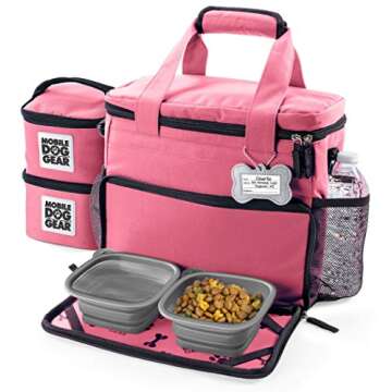 Mobile Dog Gear, Week Away Dog Travel Bag for Small Dogs, Includes Lined Food Carriers and 2 Collapsible Dog Bowl, Pink
