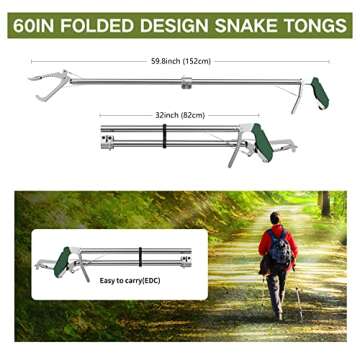 GYORGKSHI 60“ Snake Tongs Collapsible Grabber, Professional Reptile Snake Catcher Wide Jaw Handling Tool, Stainless Steel Snake Hook
