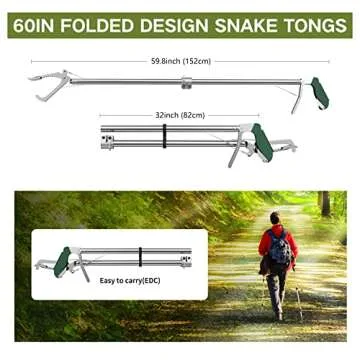 GYORGKSHI 60“ Snake Tongs Collapsible Grabber, Professional Reptile Snake Catcher Wide Jaw Handling Tool, Stainless Steel Snake Hook