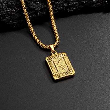 Letter Initial Necklaces for Men Women, Monogram Capital Letter Pendant Necklace for Men Jewelry 18K Gold Plated K Necklace for Women Men Chunky Stainless Steel Gold Box Chain Necklace for Men 22 Inch