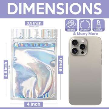 Holographic Mylar Bags (4x6 In - 100 Pcs), Smell Proof Resealable Bags for Small Business with Seali...