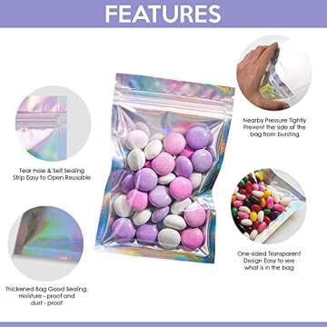 Holographic Mylar Bags (4x6 In - 100 Pcs), Smell Proof Resealable Bags for Small Business with Sealing Strip - Zip Lock Bags with Aluminum Foil Rainbow Color Pouch
