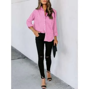 Stylish Siliteelon Women’s Button Down Shirts - Pink Striped