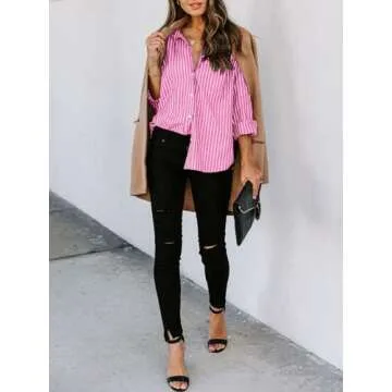Stylish Siliteelon Women’s Button Down Shirts - Pink Striped