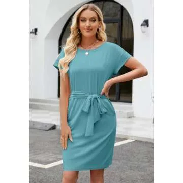 MEROKEETY Women's Summer Striped Short Sleeve T Shirt Dress Casual Tie Waist Midi Dress