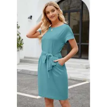 MEROKEETY Women's Summer Striped Short Sleeve T Shirt Dress Casual Tie Waist Midi Dress
