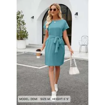 MEROKEETY Women's Summer Striped Short Sleeve T Shirt Dress Casual Tie Waist Midi Dress